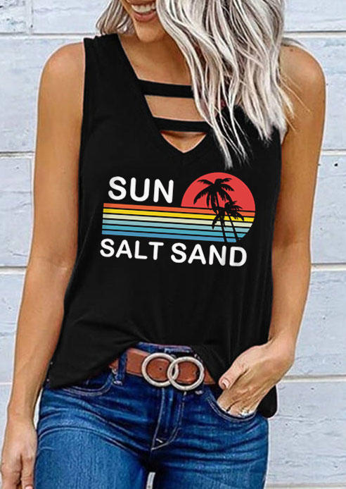 

Sun Salt Sand Striped Coconut Tree Hollow Out Tank - Black, SCM013116