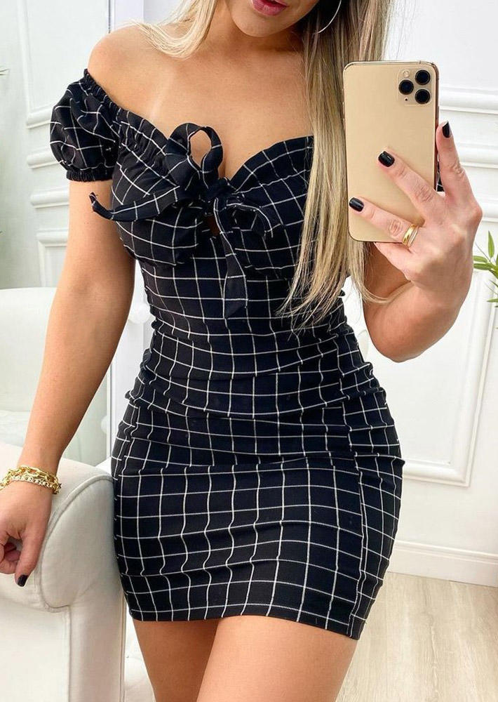 Plaid Tie Sleeveless Bodycon Dress - Black, SCM013588