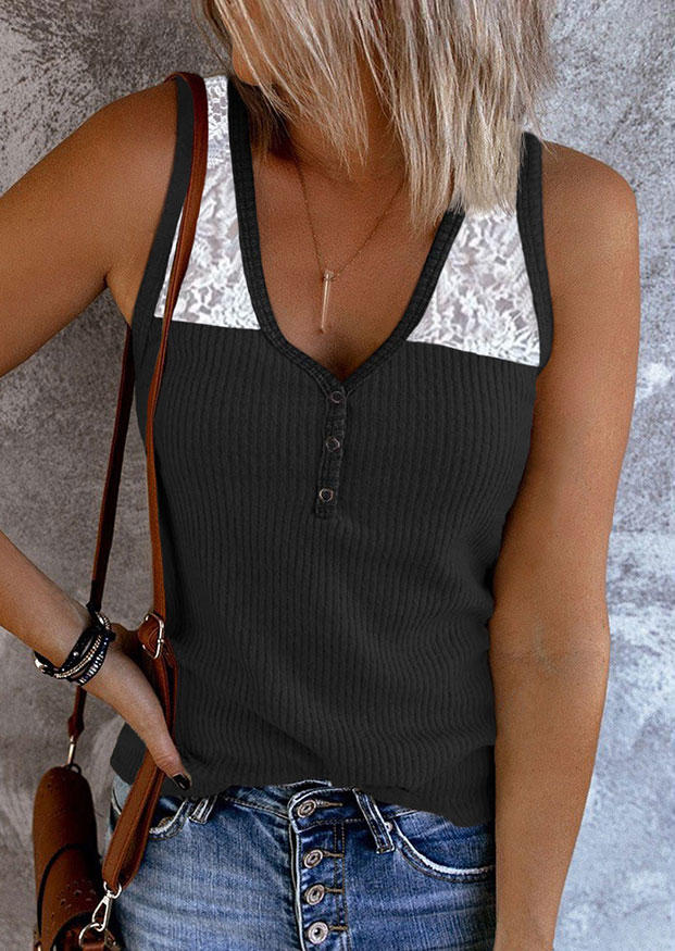 

Lace Splicing Button Tank - Black, SCM013653