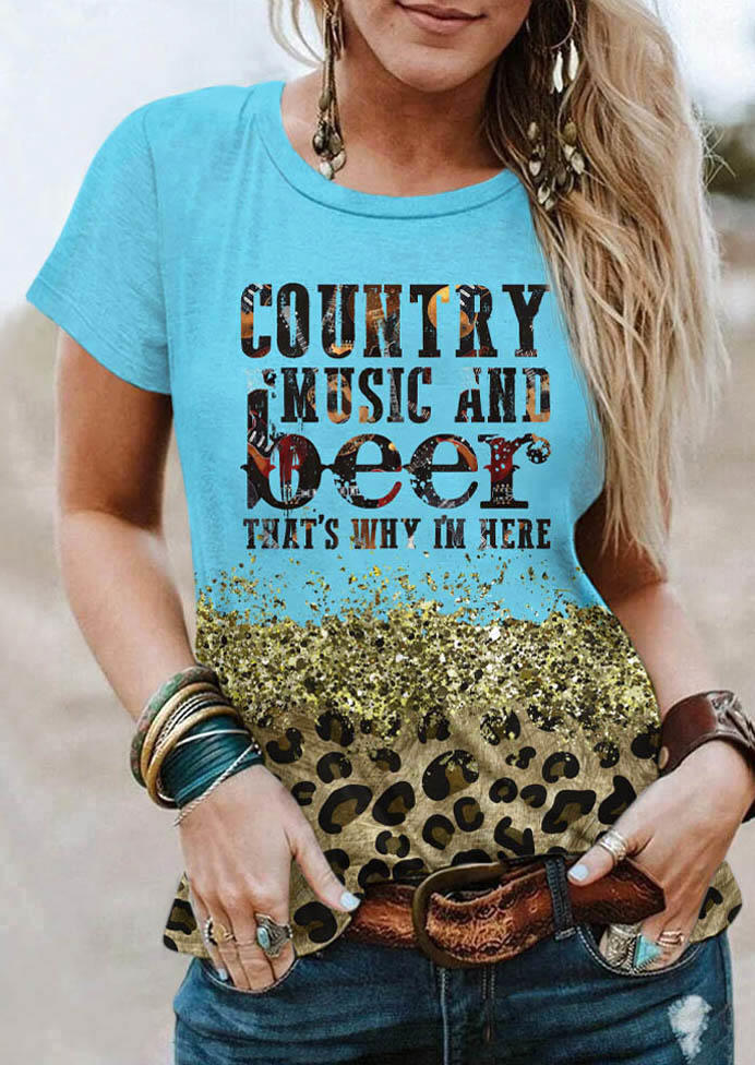 

Country Music And Beer That' Why I' Here Leopard T-Shirt Tee - Blue, SCM013387