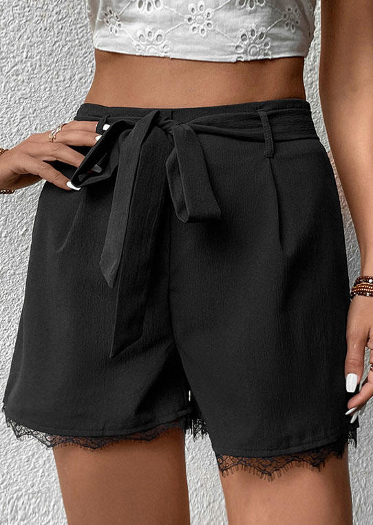 

Lace Splicing Zipper Shorts with Belt - Black, SCM013646