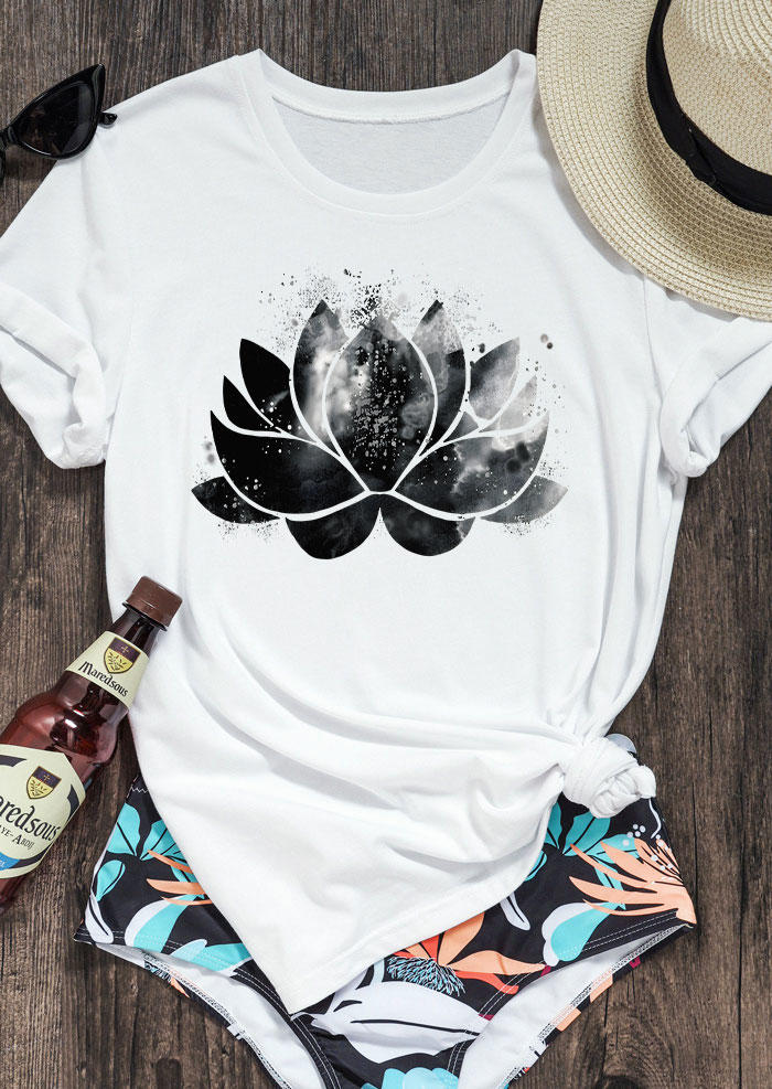 Lotus Watercolor O-Neck T-Shirt Tee - White