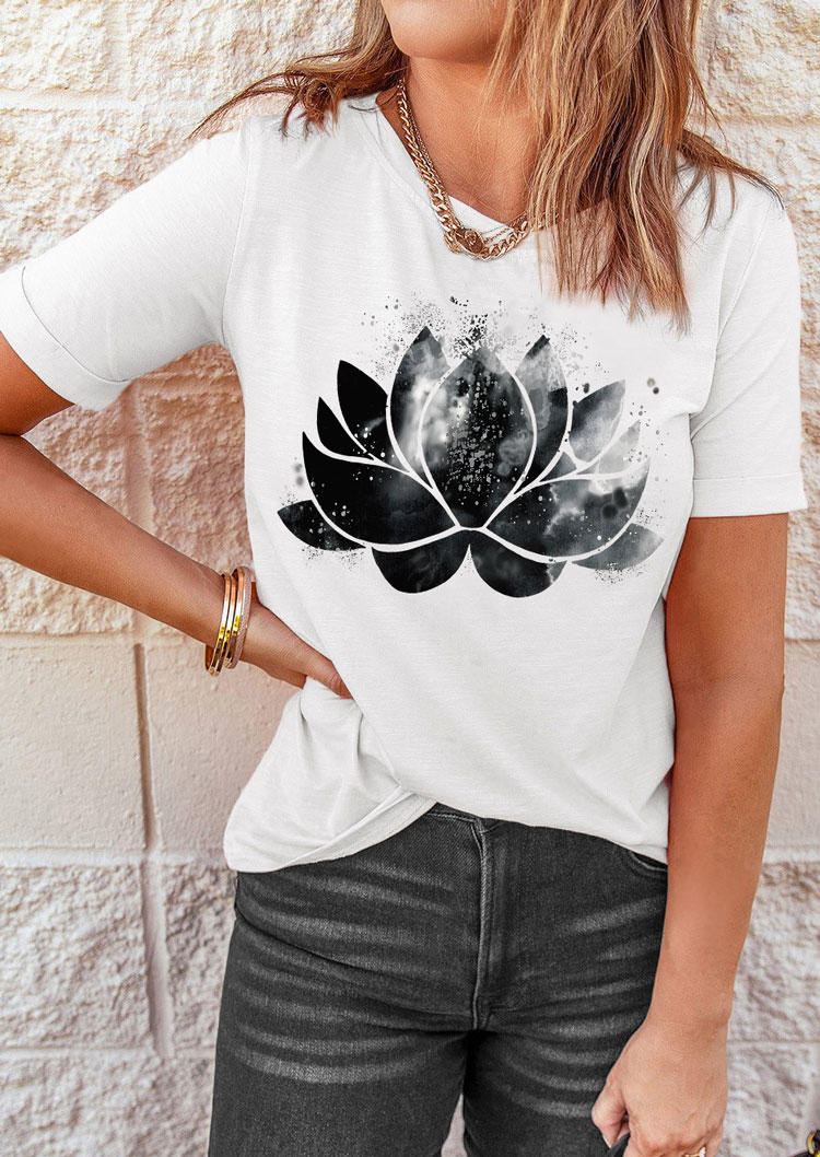 

Lotus Watercolor O-Neck T-Shirt Tee - White, SCM013708