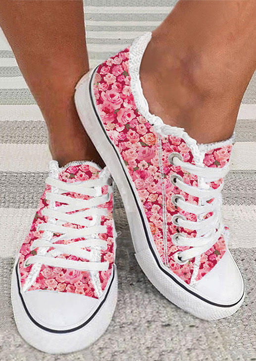 Floral Lace Up Round Toe Flat Sneakers - Pink