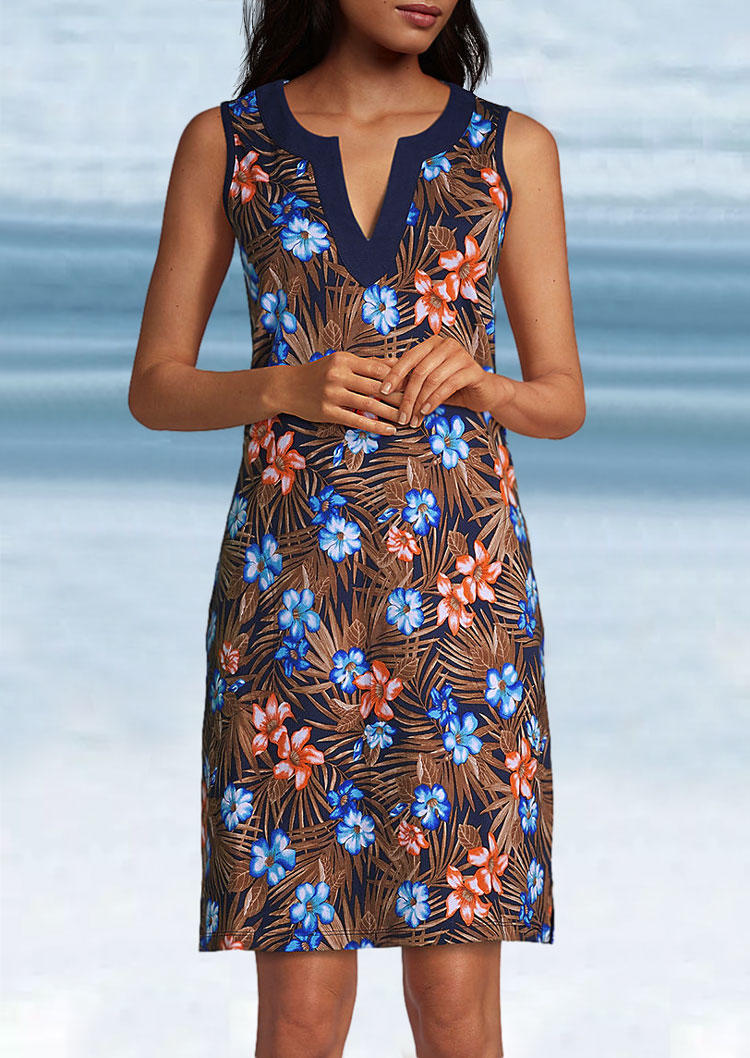 

Palm Leaf Floral Notched Neck Mini Dress, Multicolor, SCM013779