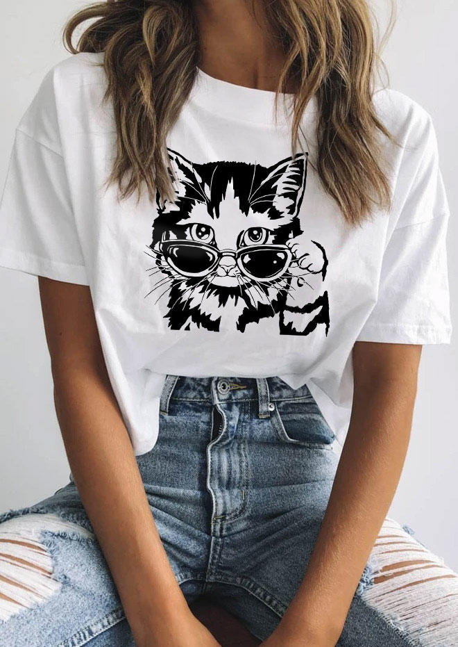 Cat O-Neck Casual T-Shirt Tee - White