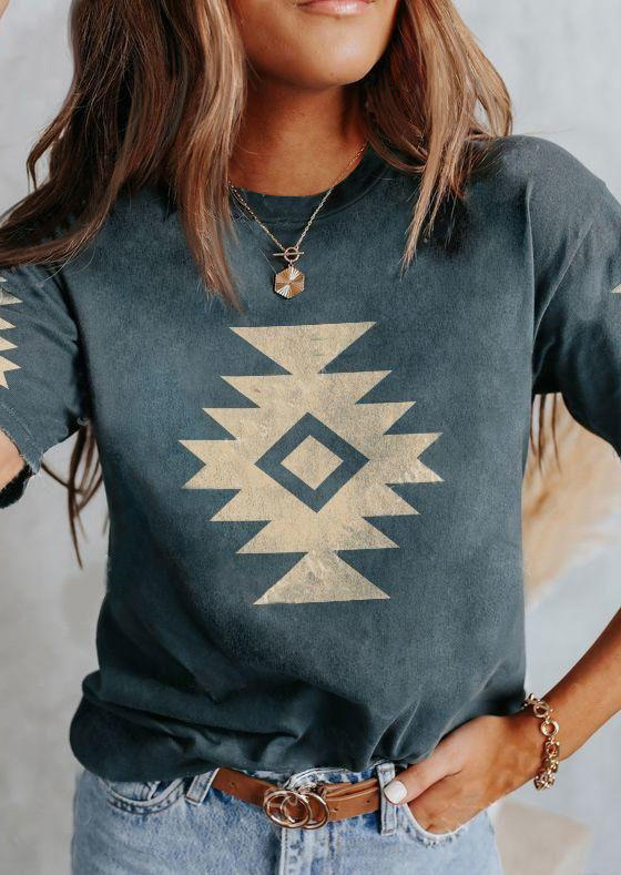 

Aztec Geometric O-Neck T-Shirt Tee - Cyan, Blue, SCM013435