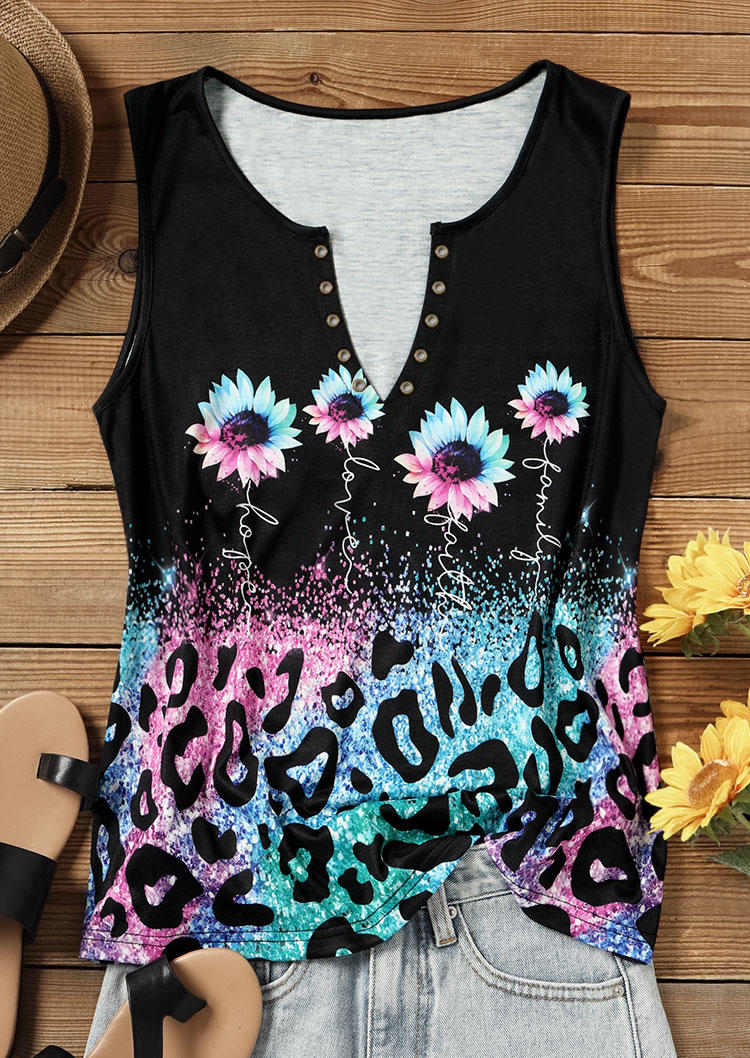 Hope Love Faith Family Sunflower Gradient Leopard Tank without Camisole - Black
