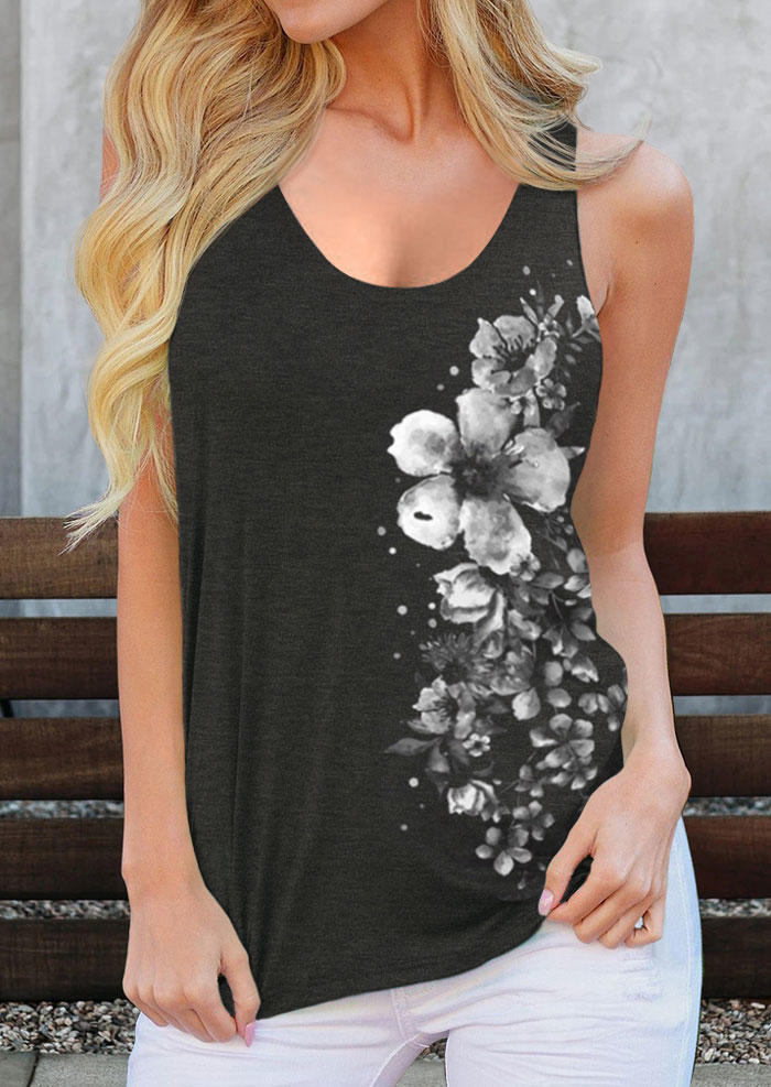 

Floral Racerback Casual Tank - Dark Grey, Gray, SCM013733
