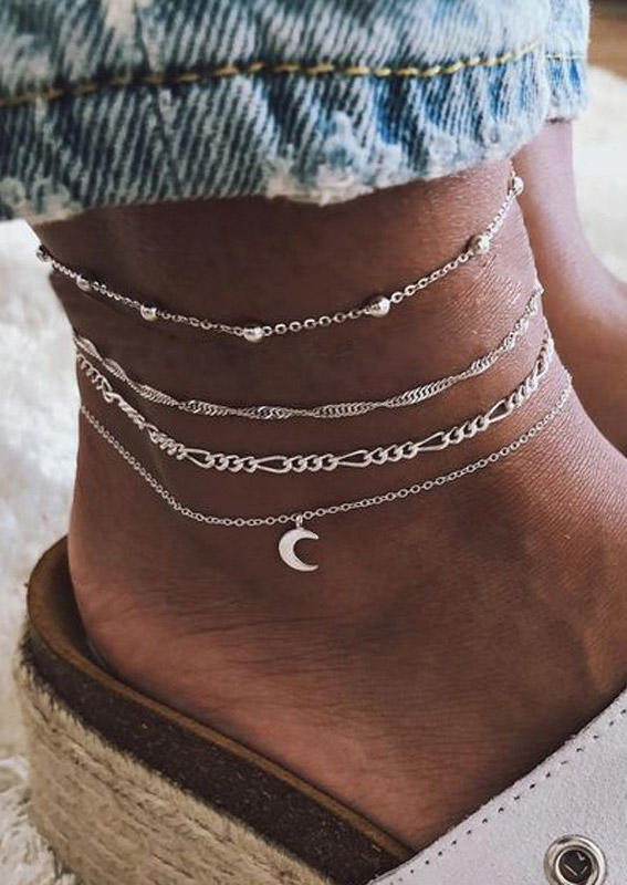 

4Pcs Simple Moon Beading Anklet Set, Silver, SCM013138