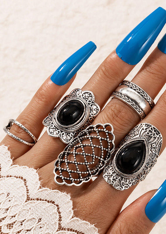 

5Pcs Vintage Criss-Cross Hollow Out Ring Set, Black, SCM013234