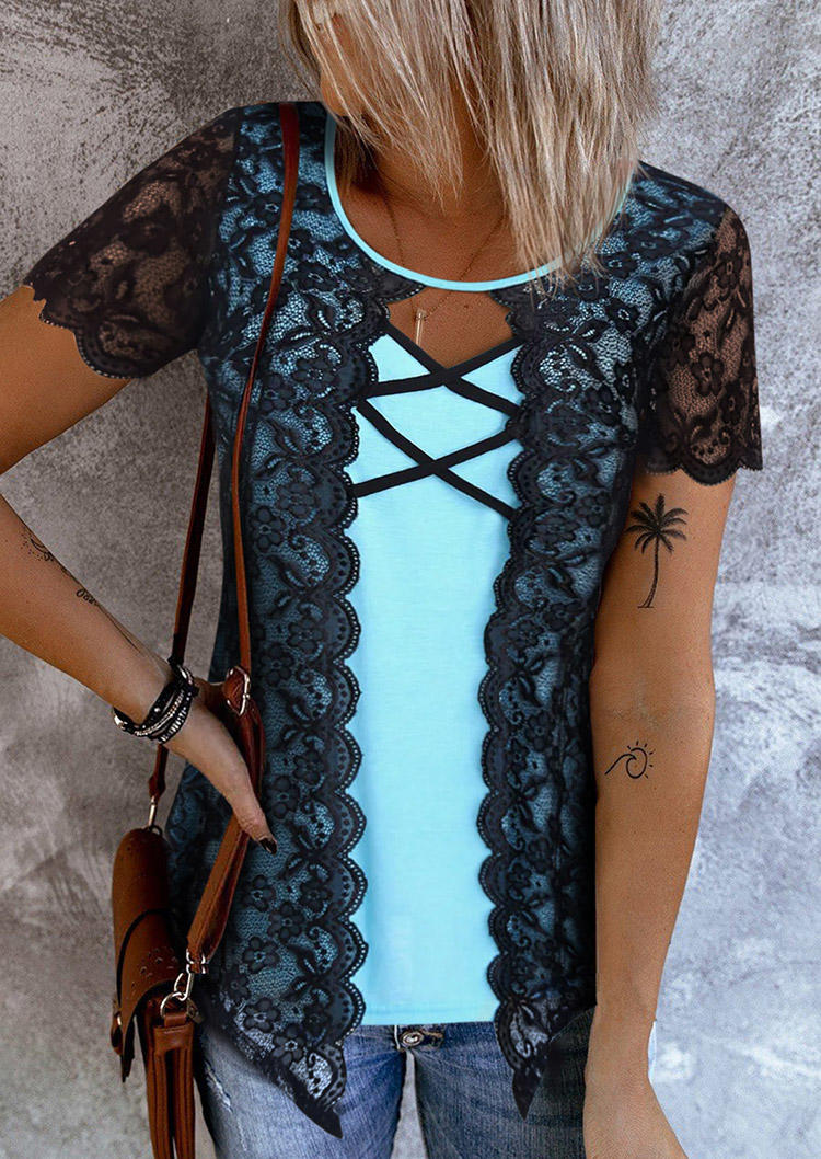 

Lace Splicing Criss-Cross Fake Two-Piece Blouse, Multicolor, SCM013262