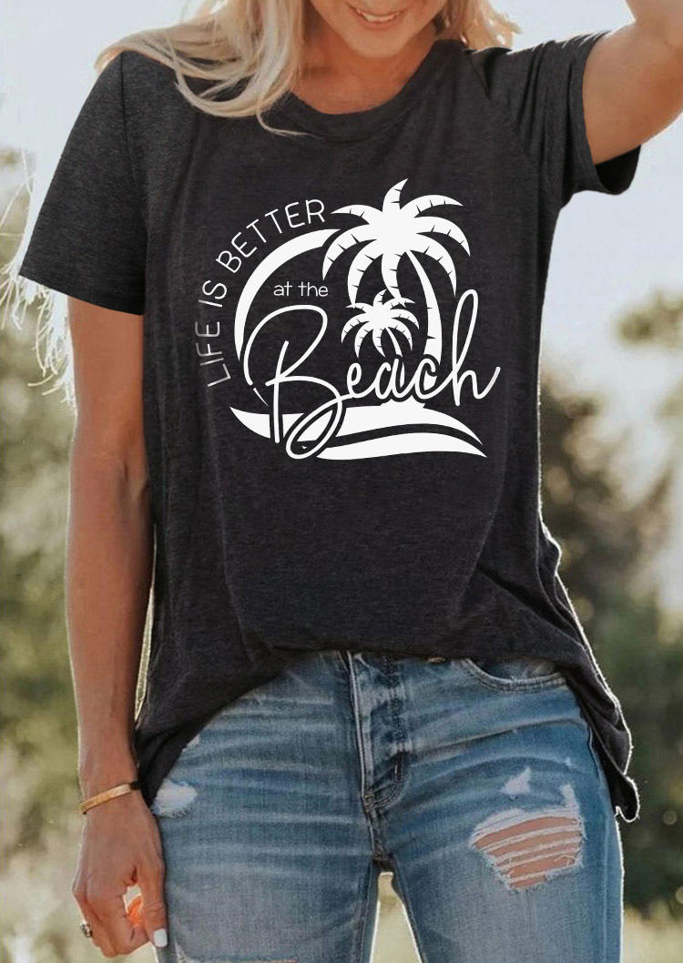 

Life Is Better At The Beach Coconut Tree T-Shirt Tee - Dark Grey, Gray, SCM013749