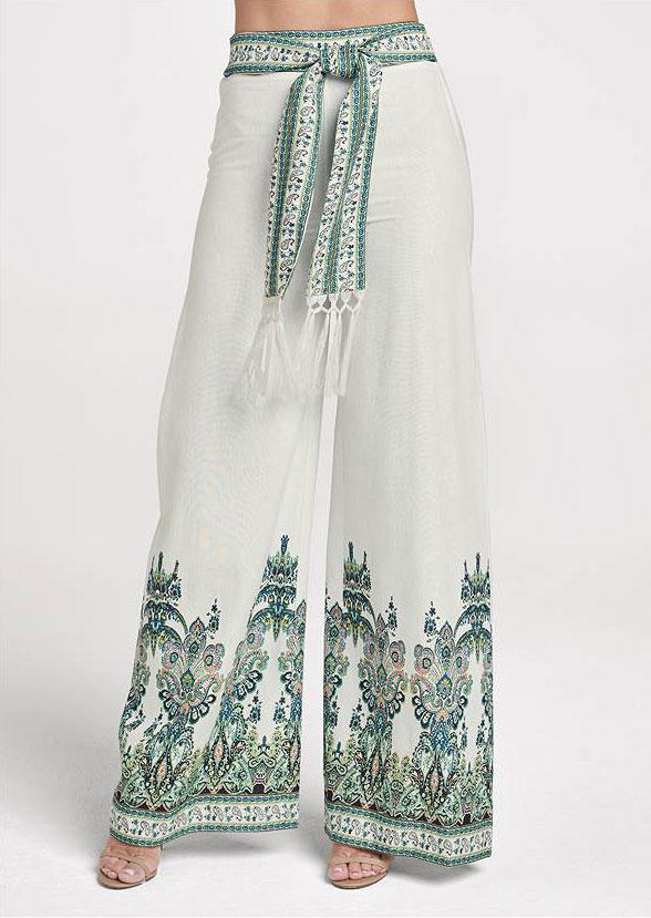 

Bohemian Ethnic Tassel Wide Leg Pants With Belt - White, SCM013827