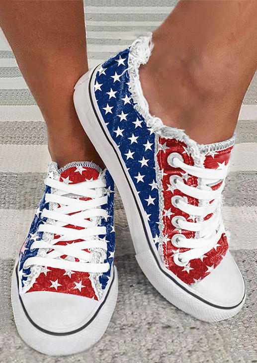 

American Flag Lace Up Flat Sneakers, Multicolor, SCM002042