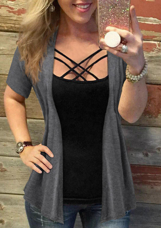 

Criss-Cross Fake Two-Piece Blouse - Gray, SCM012638