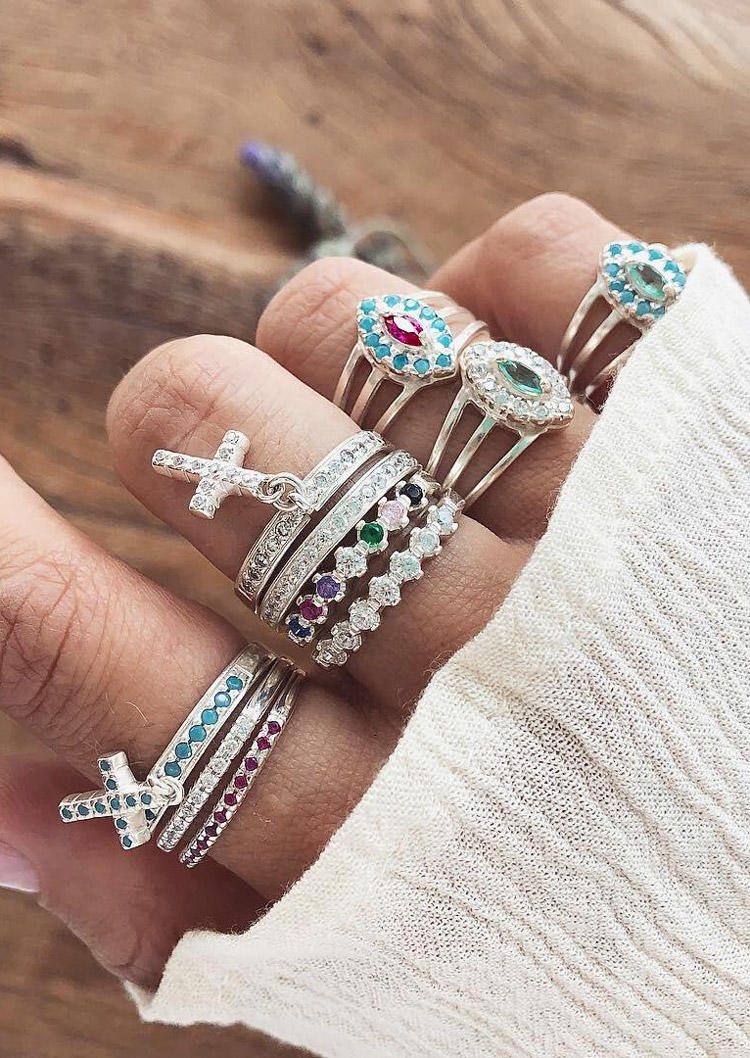 

10Pcs Cross Rhinestone Gemstone Ring Set, Multicolor, SCM013311