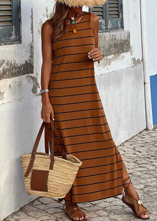 

Striped Slit Sleeveless O-Neck Maxi Dress - Coffee, Brown, SCM013527