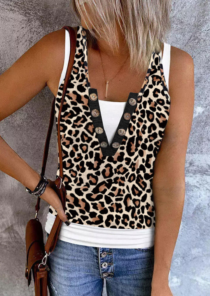 

Leopard Color Block Button Fake Two-Piece Tank, Multicolor, SCM013652