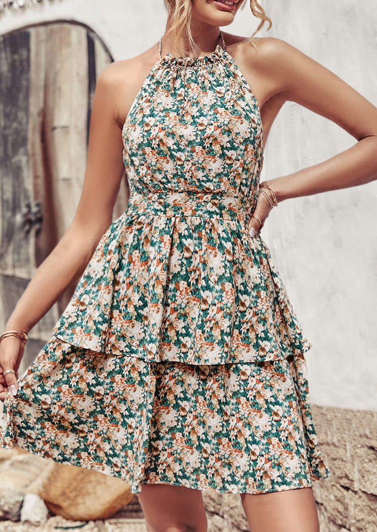 

Ditsy Floral Open Back Layered Mini Dress - Green, SCM013684