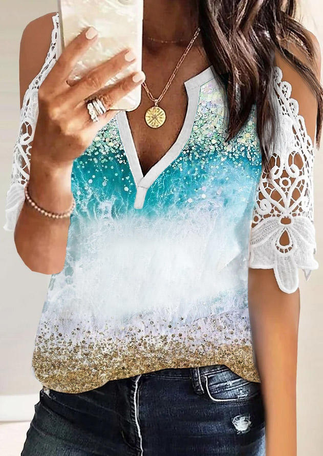Beach Lace Splicing Short Sleeve Blouse