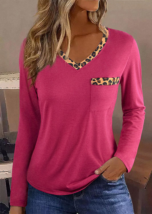 Leopard Long Sleeve V-Neck Blouse - Rose Red