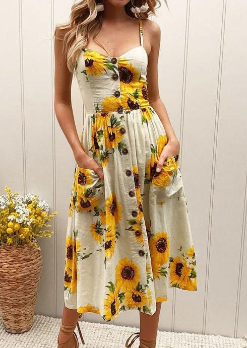 

Sunflower Button Pocket Spaghetti Strap Midi Dress, Multicolor, SCM013683