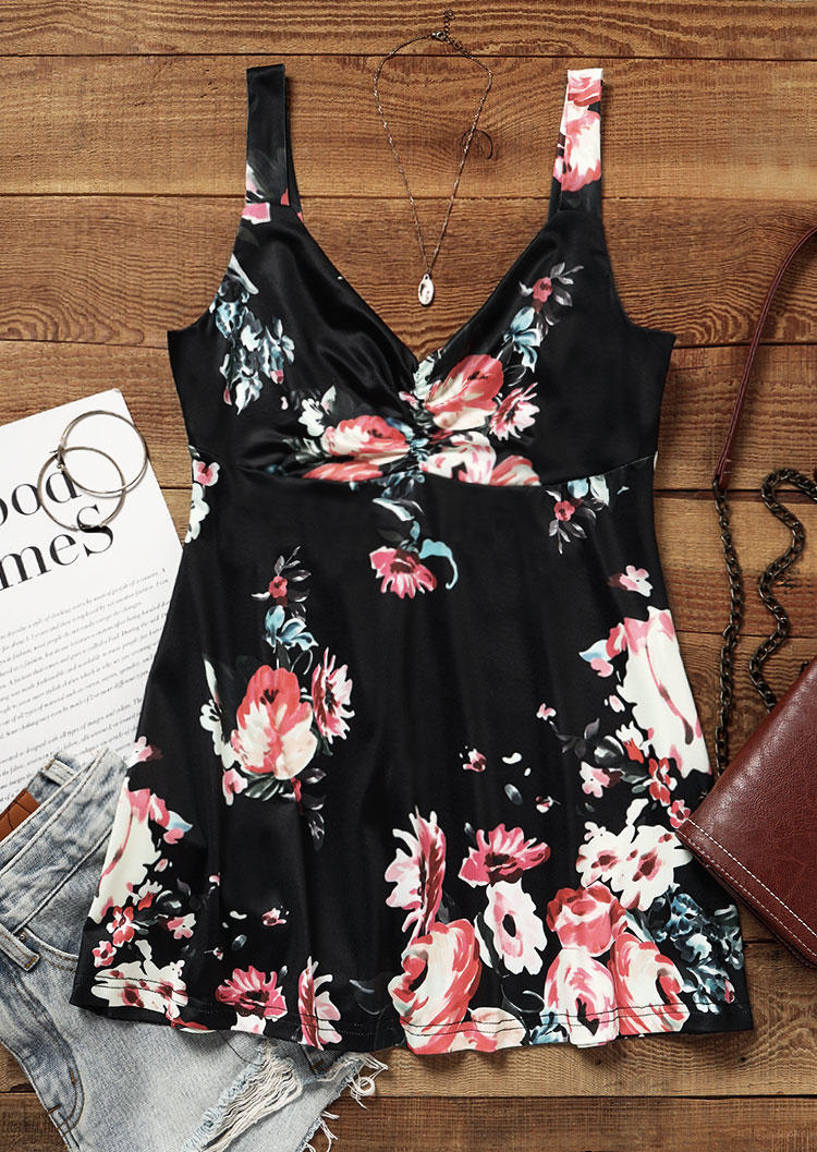 Floral Ruched Casual Tank - Black