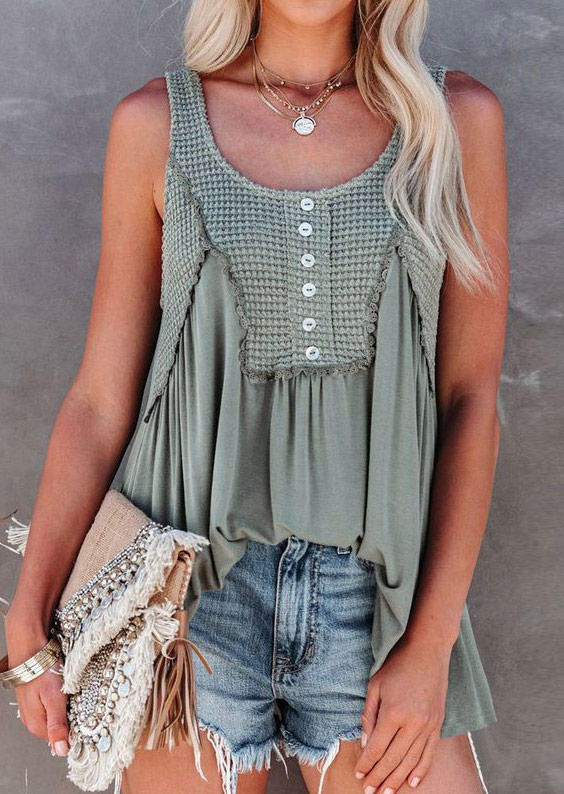 

Waffle Button Ruffled Tank - Army Green, SCM012091
