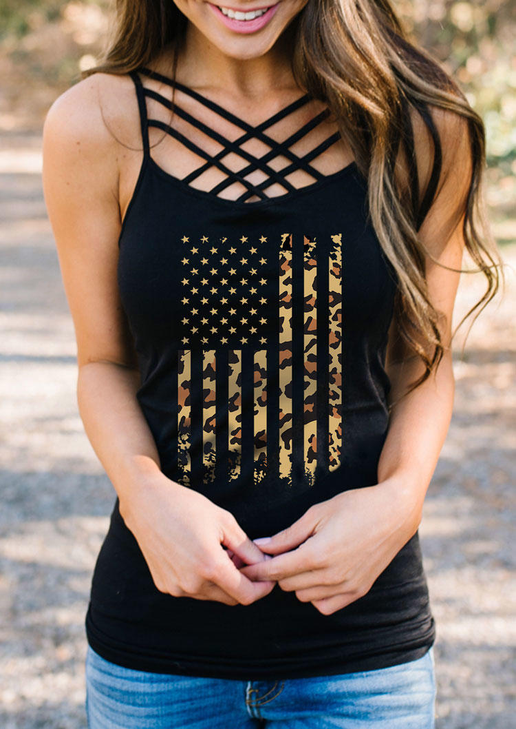 

American Flag Leopard Criss-Cross Camisole - Black, SCM012757