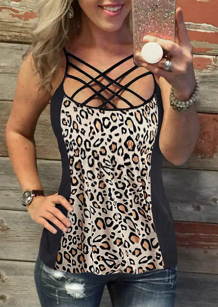 

Leopard Color Block Criss-Cross Camisole, Multicolor, SCM013017