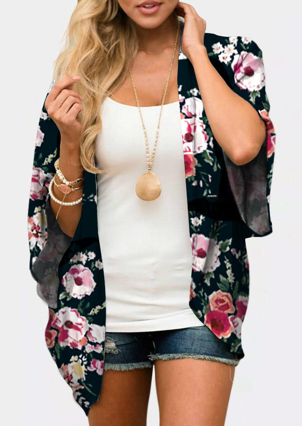 

Floral Chiffon Open Front Cardigan - Black, SCM013178