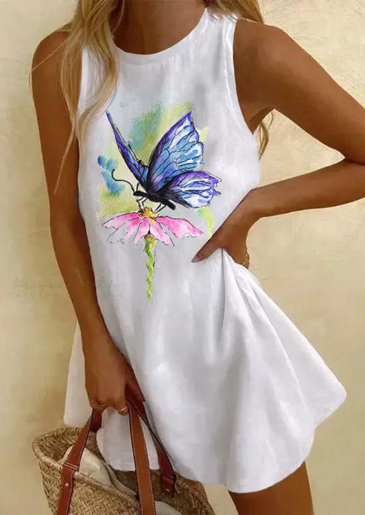 Splash Ink Butterfly Floral Sleeveless Mini Dress - White