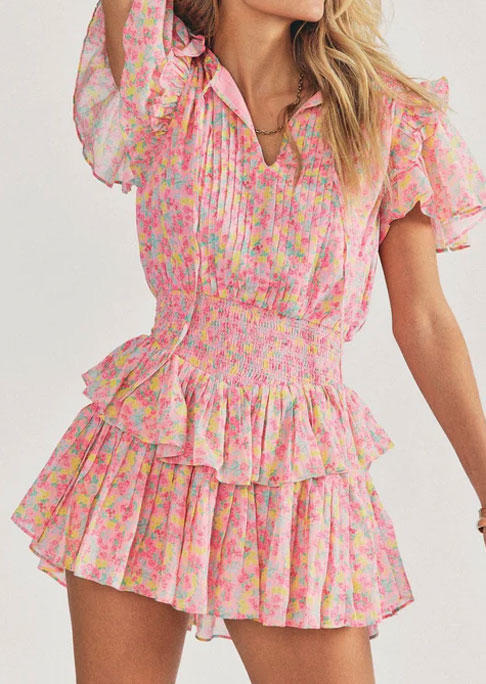 

Ditsy Floral Ruffled Smocked Layered Mini Dress - Pink, SCM013905