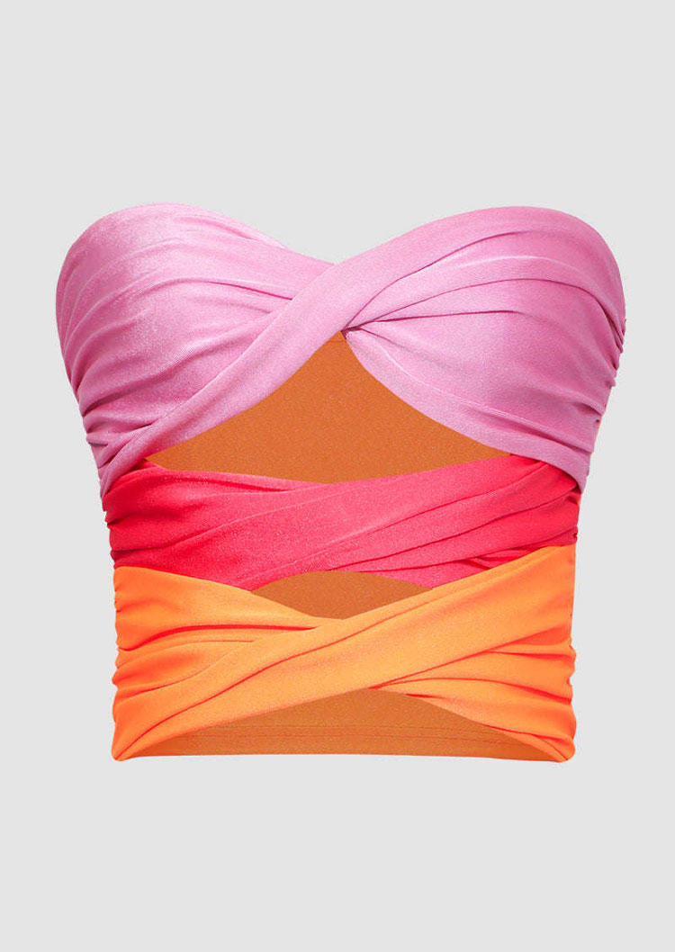 

Color Block Ruched Twist Hollow Out Strapless Bandeau Tank, Multicolor, SCM013938