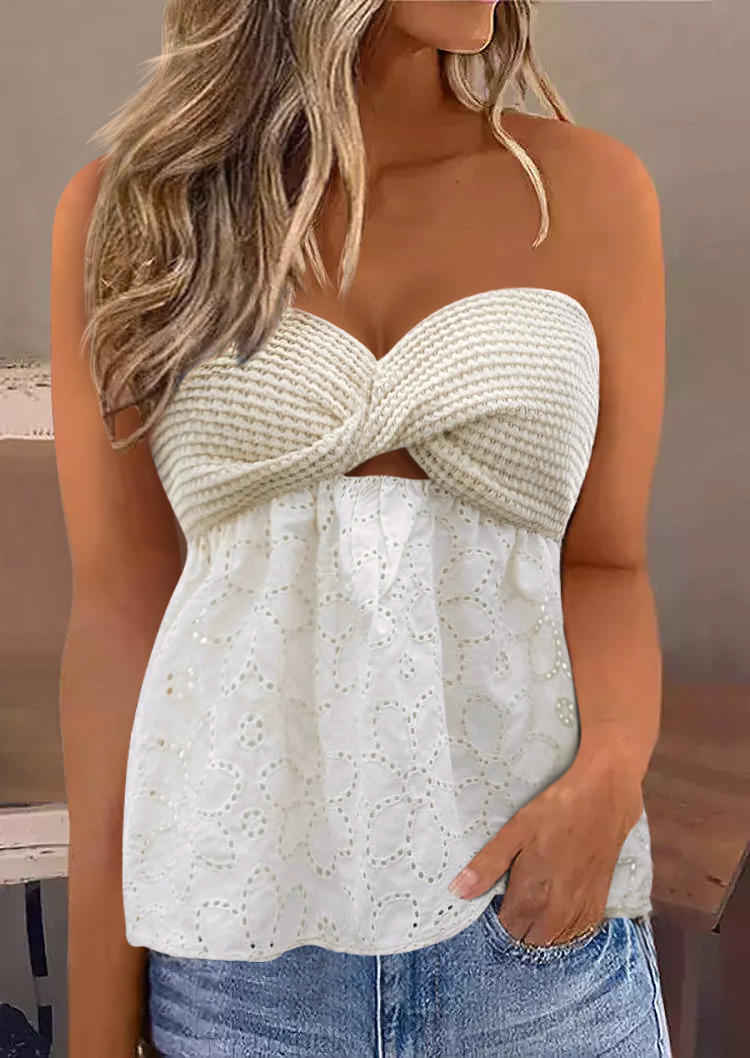 

Twist Front Hollow Out Strapless Bandeau Tank - White, SCM012998