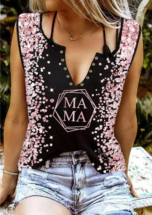 

Mama Glitter Notched Neck Tank - Black, SCM013132