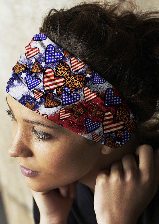 

American Flag Leopard Heart Yoga Sport Wide Headband, Multicolor, SCM013194