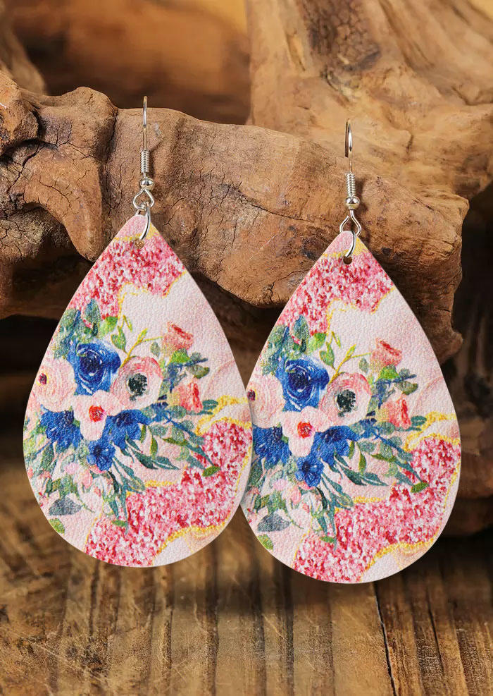 

Floral PU Leather Water Drop Earrings, Pink, SCM013567