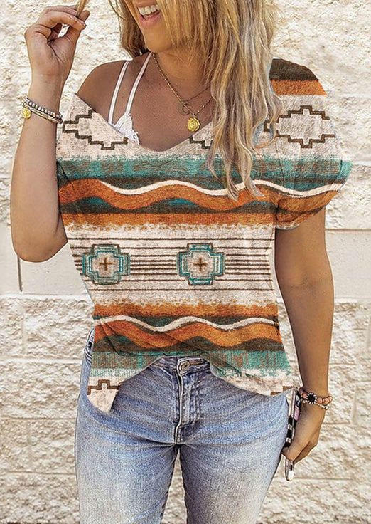 

Geometric Short Sleeve V-Neck Blouse, Multicolor, SCM013647