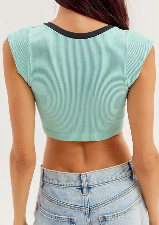 Ribbed Notched Neck Crop Tank Top - Lake Blue
