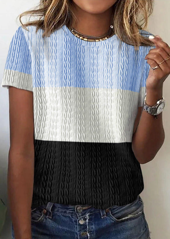 

Color Block Short Sleeve O-Neck Blouse, Blue, SCM013592