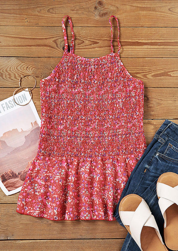 Ditsy Floral Smocked Ruffled Camisole - Red