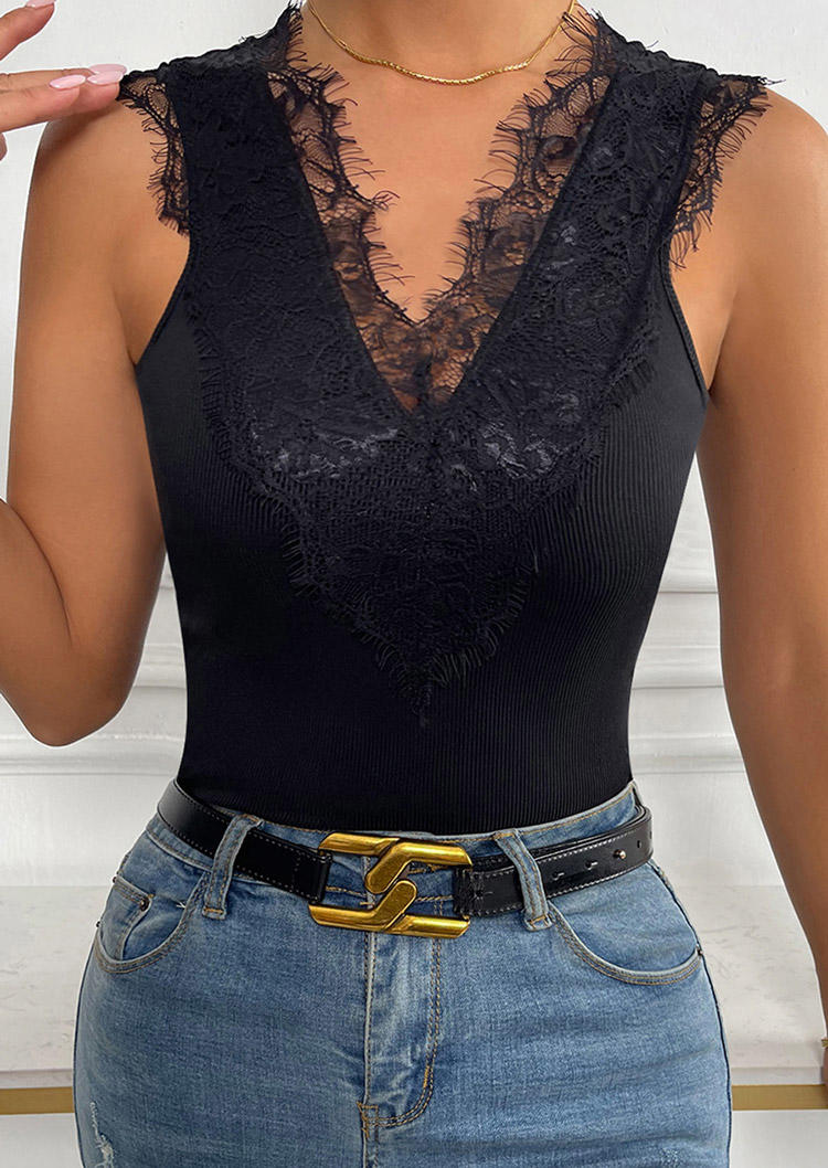 

Lace Splicing Open Back Tank - Black, SCM013687