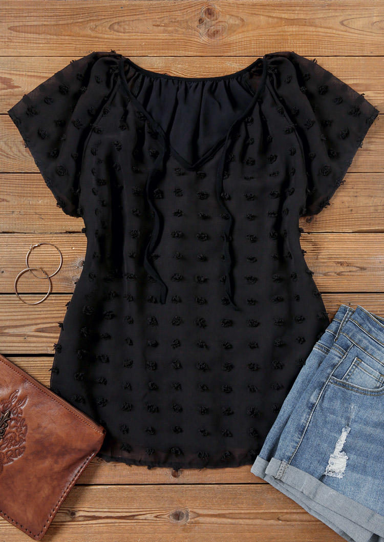 Ruffled Dotted Swiss Tie V-Neck Blouse - Black