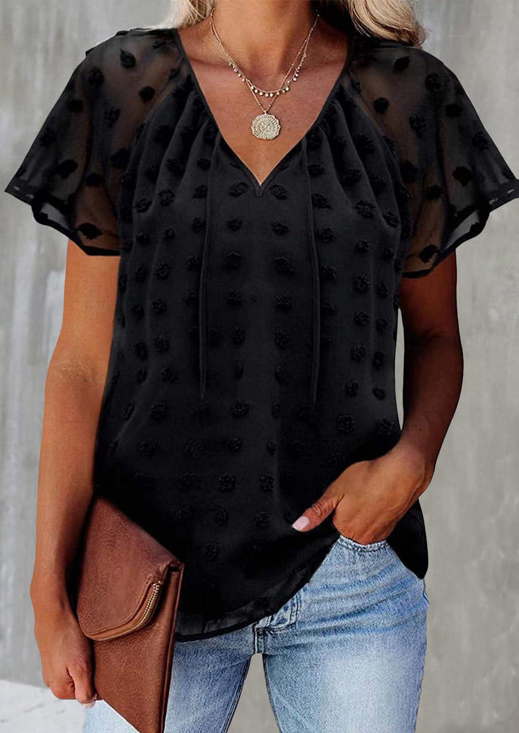 

Ruffled Dotted Swiss Tie V-Neck Blouse - Black, SCM013741