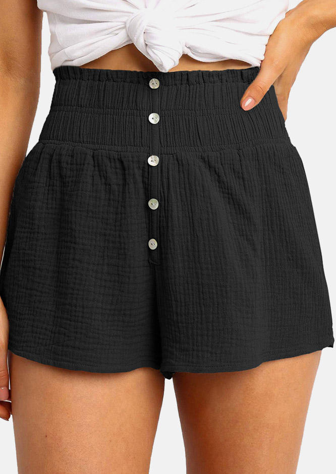

Button Smocked Casual Shorts - Black, SCM013762