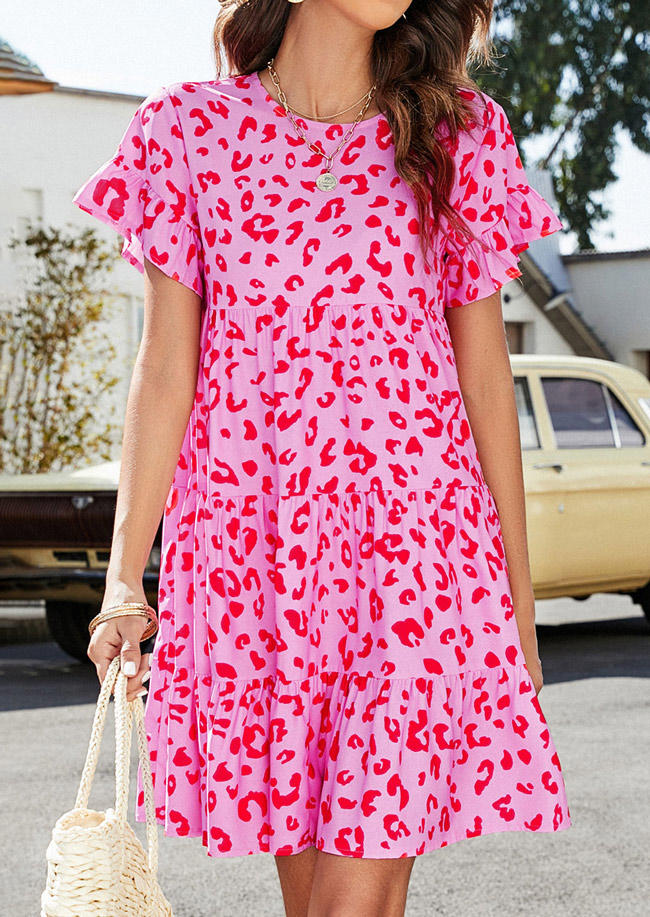 

Leopard Ruffled Button Short Sleeve Mini Dress, Multicolor, SCM013770