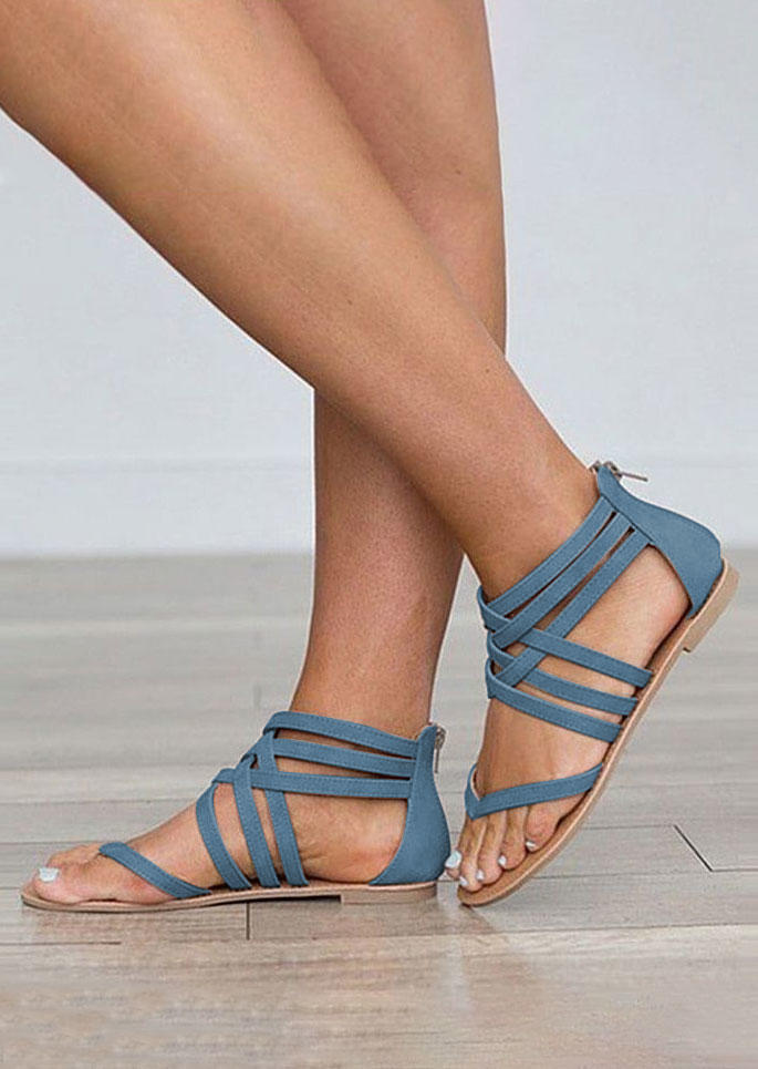 Cross-Tied Zipper Round Toe Flat Sandals - Navy Blue