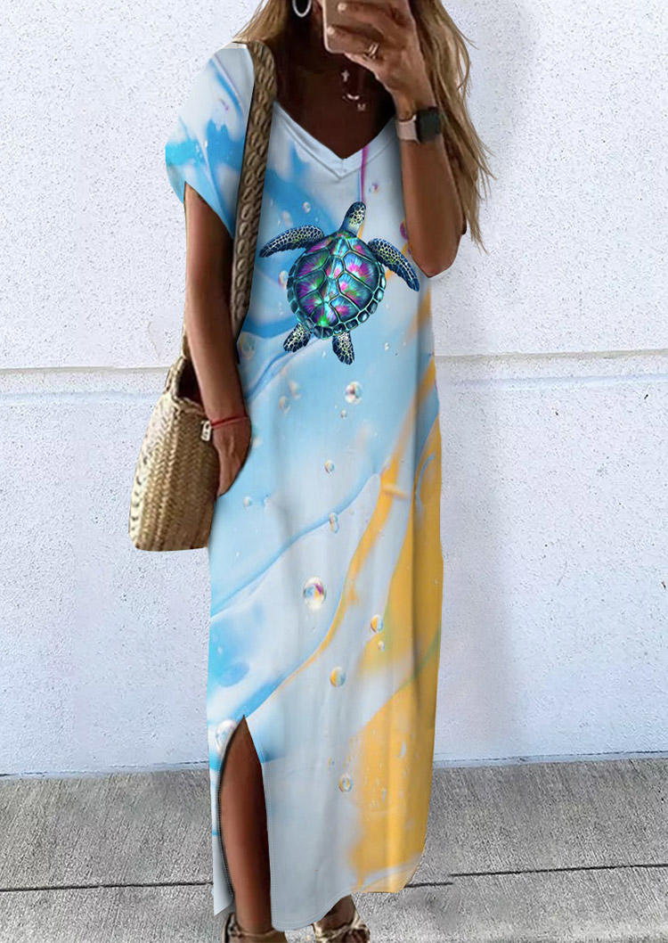 

Tie Dye Turtle Slit V-Neck Maxi Dress, Multicolor, SCM014047